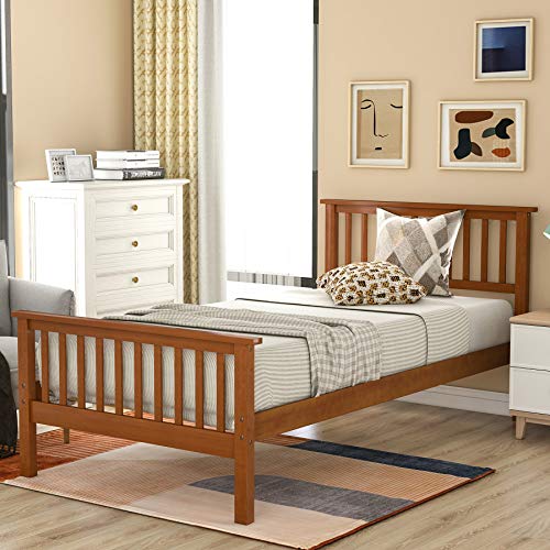Harper & Bright Designs Twin Bed Frame Wood Platform Twin Bed No Box Spring Required with Headboard and Footboard for Kids (Oak Bed Frame)