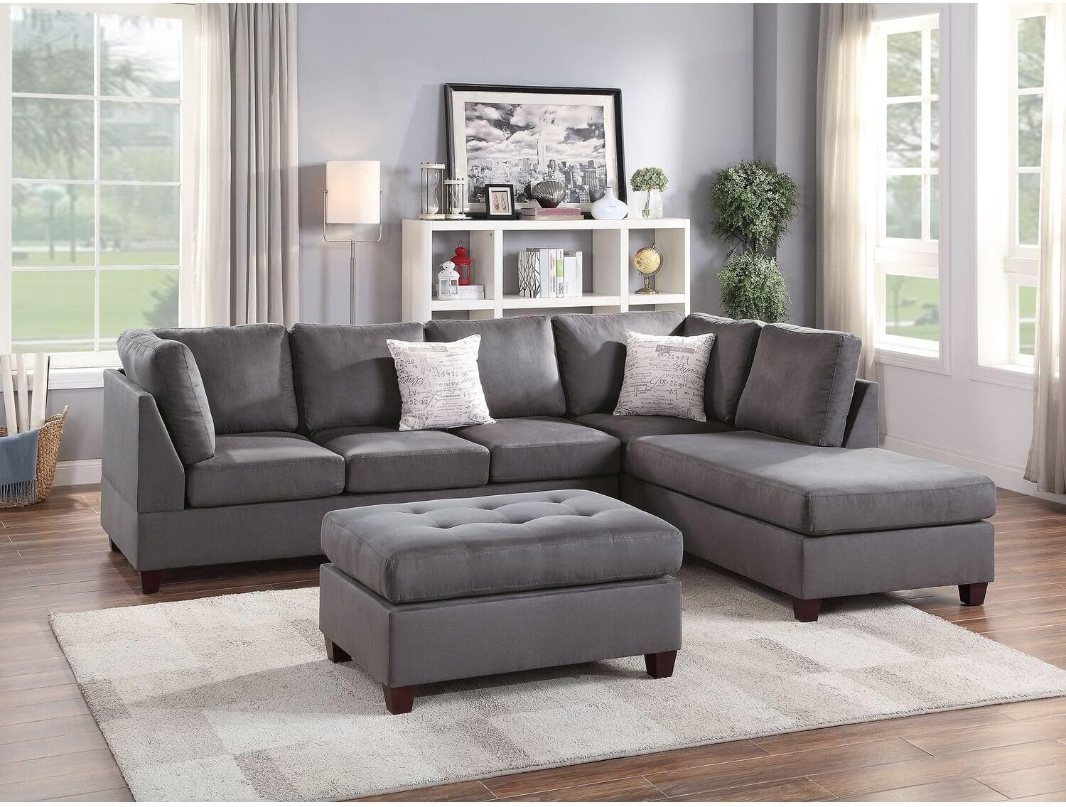 Southwestern Style 3 Piece Fabric Sectional Sofa Set with Ottoman in Gray