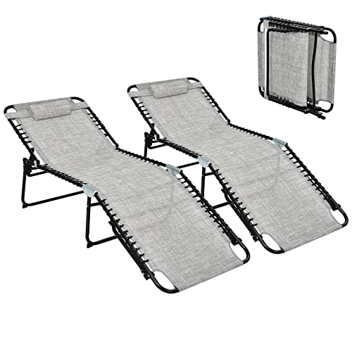 GYMAX Lounge Chair for Outside, 440lbs 27” Oversize Folding Beach Tanning Sunbath Chair with Adjustable Backrest & Removable Pillow, Lightweight Portable Patio Lounger for Lawn Poolside (1, Black)