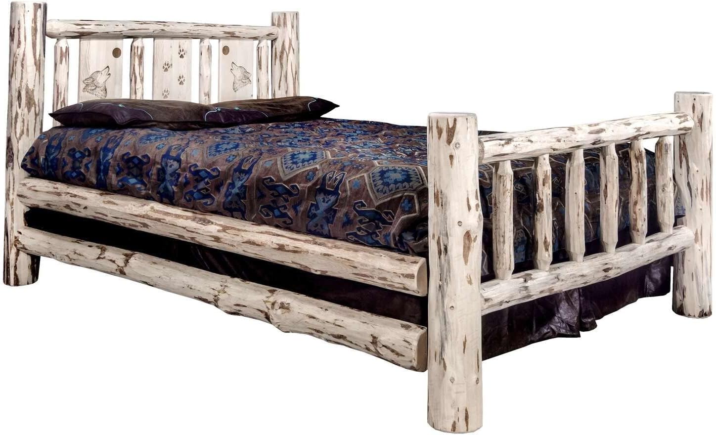 Montana Woodworks Wolf Design Laser Engraved Log Bed in Clear Lacquer Finish (Queen: 94 in. L x 66 in. W x 47 in. H (215 lbs.))