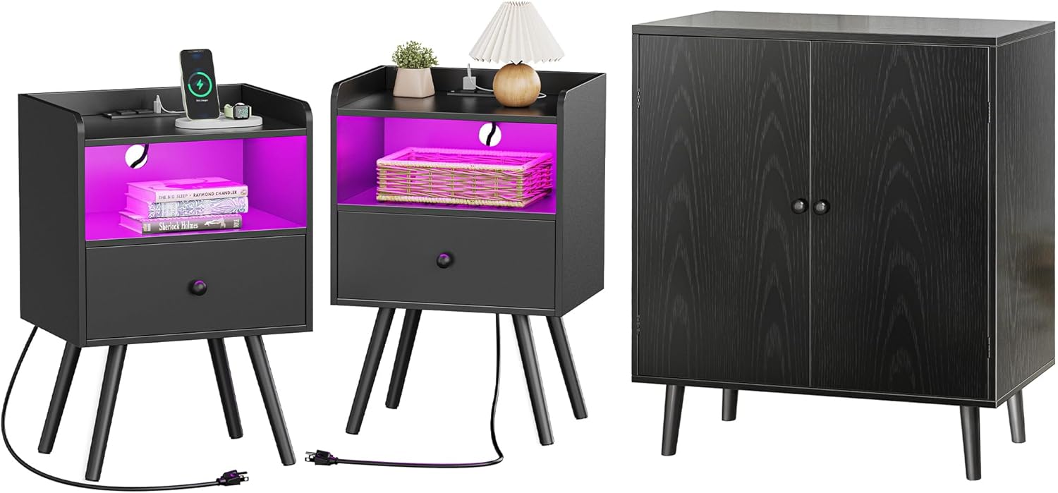 Nightstand with Charging Station and LED Lights and Drawer, Bed Side Tables Set of 2, Buffet Cabinet with Storage, Black