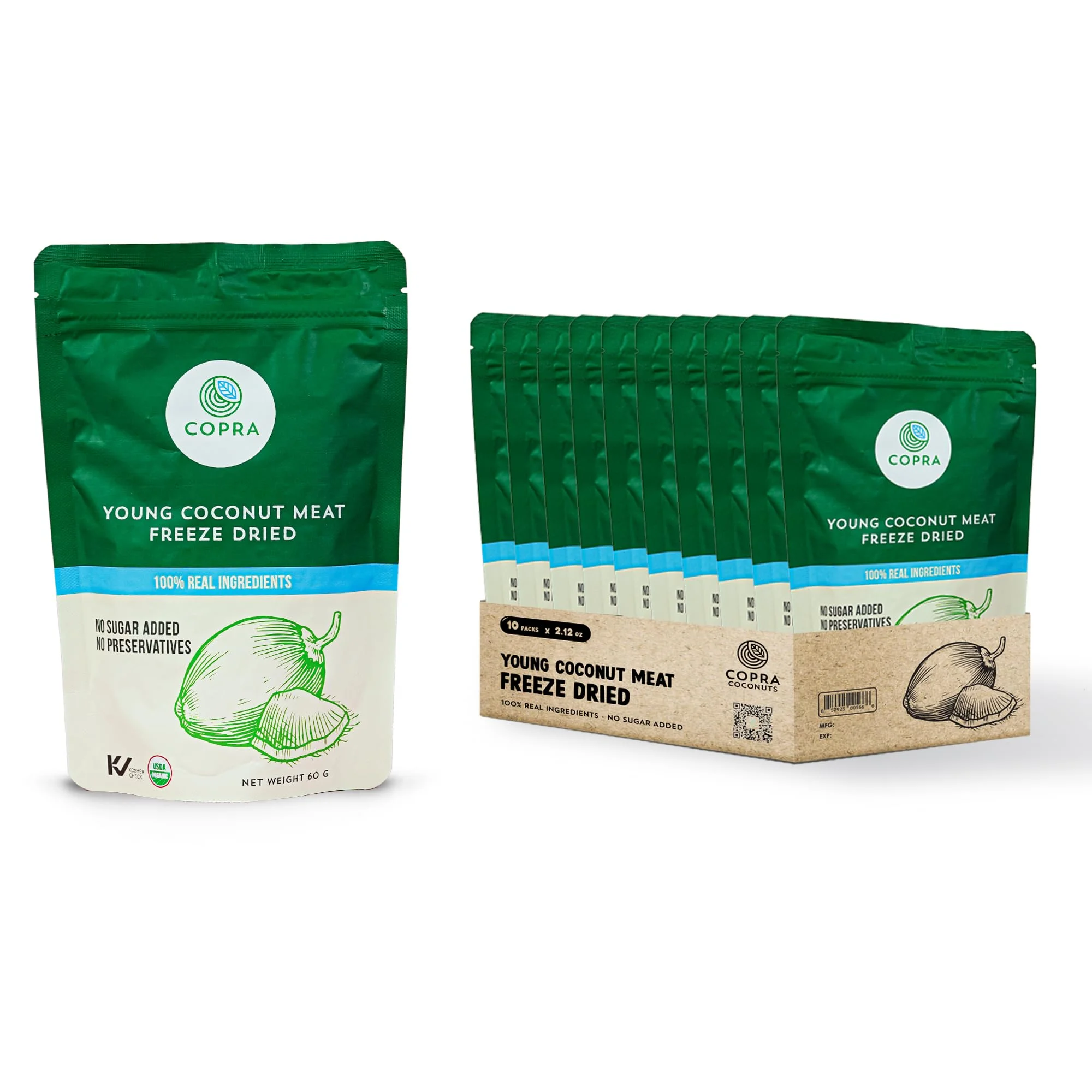 Copra Young Thai Coconut (Freeze-Dried Meat). Case of 10. 100% Natural, Non-GMO, Vegan, Organic, and Gluten-Free Snack | Pack of 10