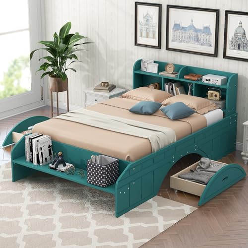 Harper & Bright Designs Wood Twin Bed with Bookcase Headboard, Twin Size Platform Bed Frame with 2 Drawers, Storage Headboard and Footboard, No Box Spring Needed, Green
