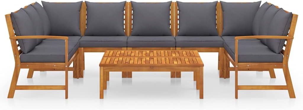 9 Pieces Patio Furniture Sectional Set Outdoor Wooden Conversation Sets with Coffee Table, Cushioned Garden Sofa Set Garden Lounge Set for Garden Backyard Poolside, Solid Acacia Wood