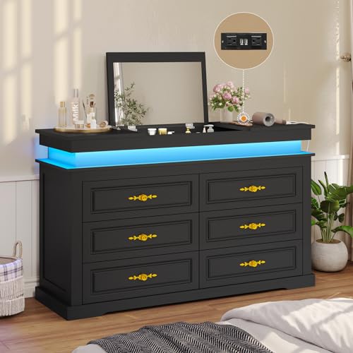 6 Drawers Dresser with Mirror,Chest of Drawers with Flip-Top and Charging Station,White Dresser with LED Lights for Bedroom,Living Room,Cloakroom