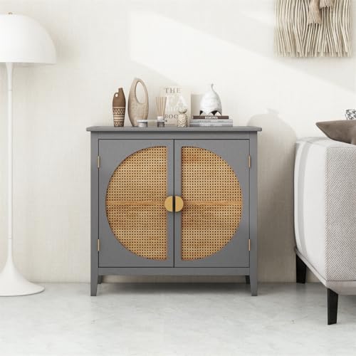ZeHuoGe Sideboard Buffet Accent Cabinet with Rattan, Sideboard Buffet Storage Cabinet, for Dining Room, Living Room, Kitchen (Gray)