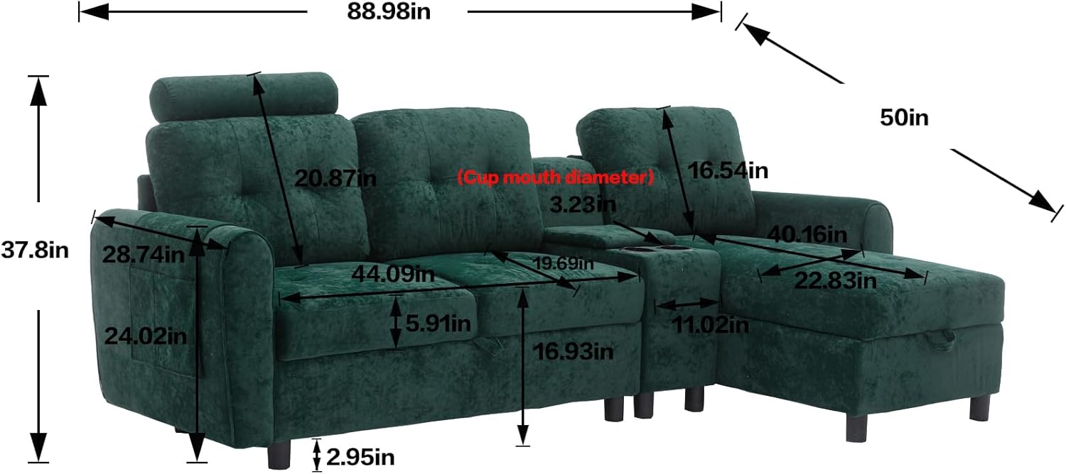 Sleeper, L-Shaped Sectional w/Storage Chaise Lounge and Cup Holder,Comfy Corner Couch Modular Sofa for Living Room/Apartment/Office,Emerald