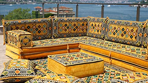 Yellow L Shaped Floor Couch, Sectional Sofa Set, Floor Pillow, Arabic Majlis, Moroccan Livingroom Cushion, 8