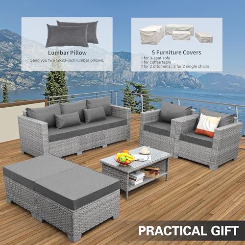 WAROOM Patio Furniture Set 6 Piece Outdoor Patio Set Grey Wicker Balcony Furniture Conversation Sets PE Rattan Couch Sofa with Fire Pit Table, Grey Cushion