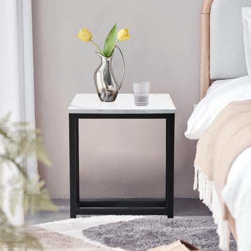 FurnitureR End Table, Modern Square Small Coffee Sofa Side Table with Metal Frame for Living Room, Bedroom, Office, Apartment, Set of 1, Marble White