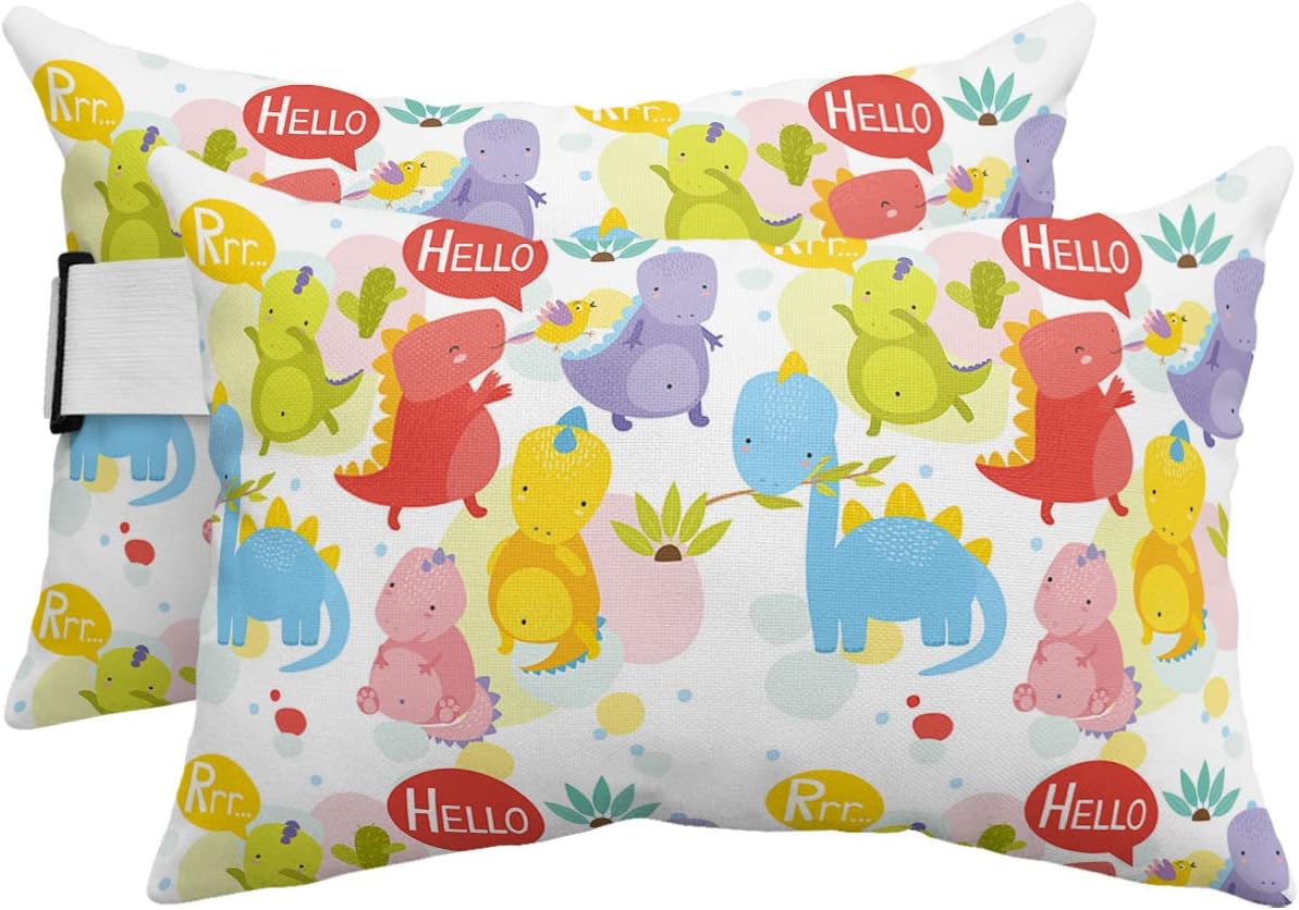 Outdoor Lumbar Pillow for Chaise Lounge Chair Cartoon Cute Dinosaur Head Resting Pillow Rainbow Green Leaves Decorative Pillow with Adjustable Strap for Patio Recliner Office Sofa 2 Pack 12x20 inch