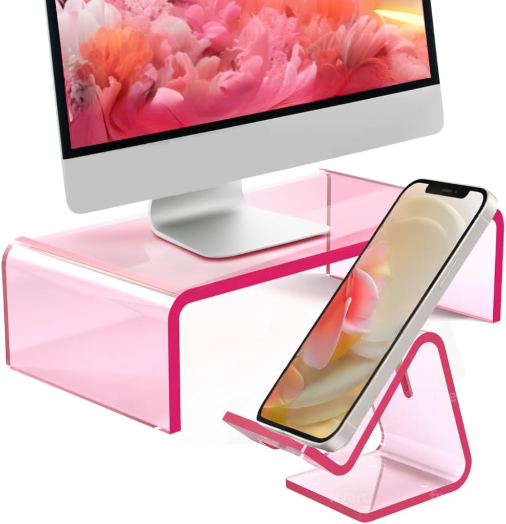 Pink Acrylic Monitor Stand and Phone Stand Set, Computer Riser with Phone Holder, Desk Riser, Acrylic Laptop Stand, Stands for Desk and Phone