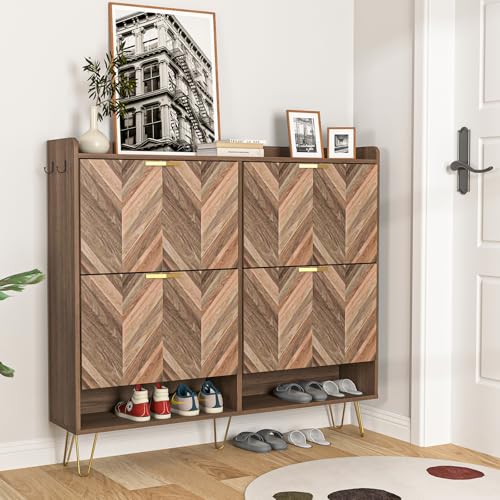 Shoe Cabinet for Entryway,Slim Hidden Shoe Storage Cabinet with 2 Flip Hollowed Drawers, Wood Narrow Shoe Organizer Cabinet with Bottom Cubby and Metal Leg for Hallway,Closet