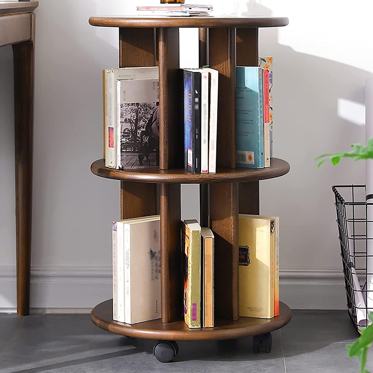 Bookcase 360° Rotating Bookshelf Solid Wood 2 Tier Bookcase with 4 Wheels Small Storage Display Rack Floor Standing Shelves for Home Office Living Room Study
