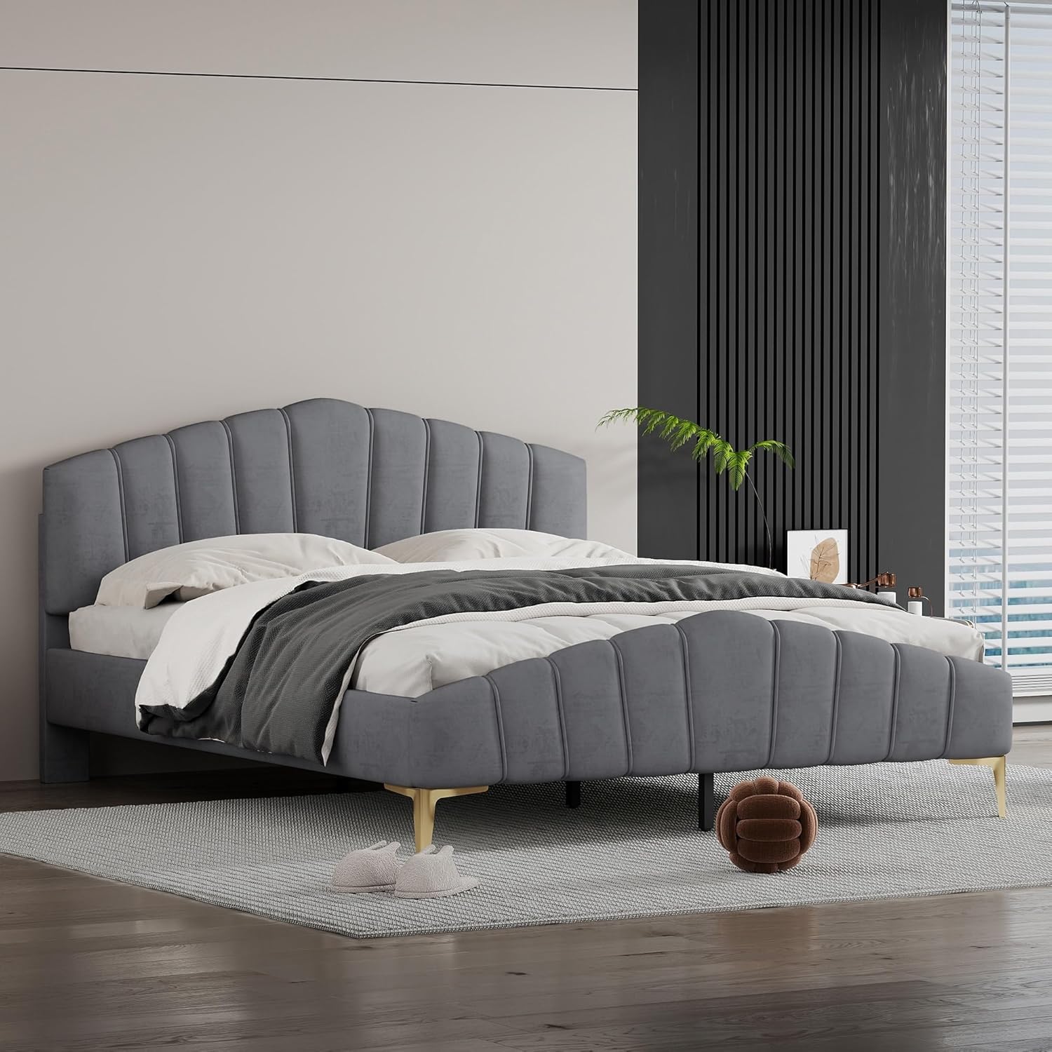 Modern Queen Size Bed Frame Velvet Upholstered Platform with Stripe Headboard Master Bedroom Double Gray Grey Contemporary Includes Hardware