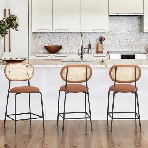 LUE BONA Faux Leather Rattan Counter Stool Set of 4,Rattan and Wood Backrest with Metal Leg, Modern Upholstered Round Counter Height Barstools for Home, Bar, Restaurants,24