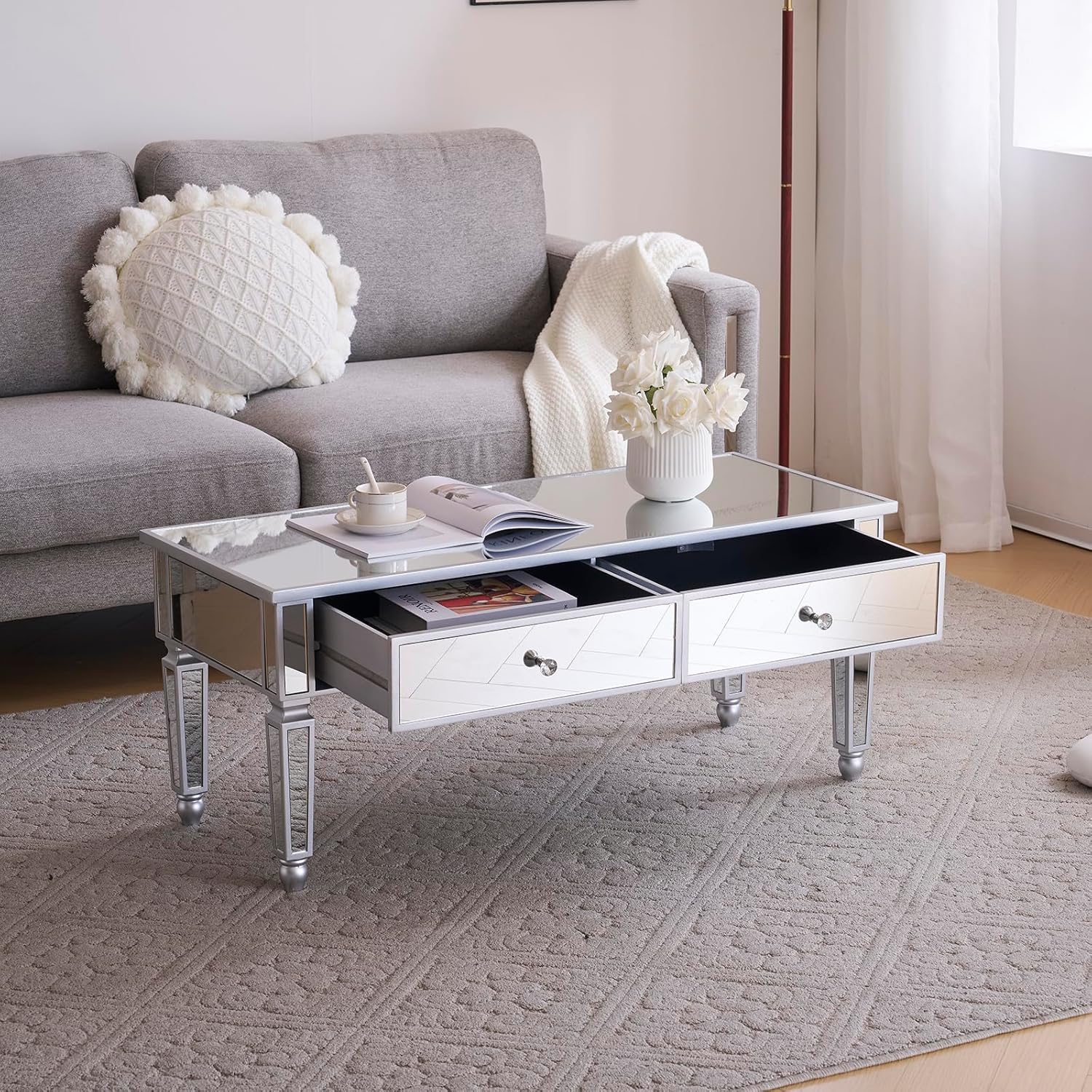 Mirrored Coffee Table with LED Lights and 2 Drawers, Rectangle Modern Cocktail Table for Living Room Office, Silver