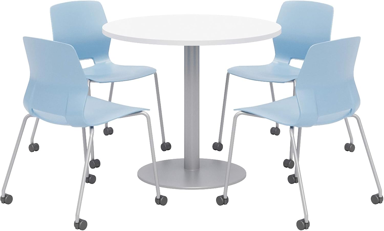 Lola Series Dining Set, Designer White Table, Sky Blue Caster Chairs