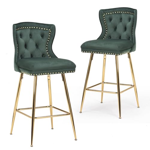 Farini Bar Stools Set of 4, Velvet Counter Height Bar Stools with Metal Legs, Button Tufted and Nailheads Trim, Wing-Back Bar Chairs for Kitchen Island Dining Room Pub, Black