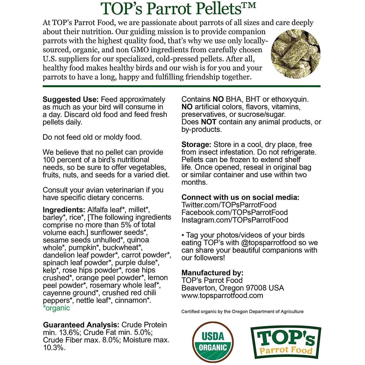 TOP's Parrot Food Organic Pellets - Pet Supplies online store