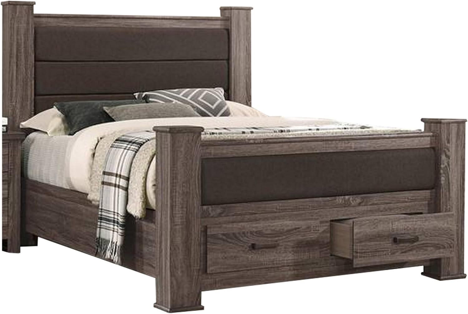 Benjara BM300199 Fort Wood Bed with 2 Drawers & Upholstered Panel Oak Gray - California King Size