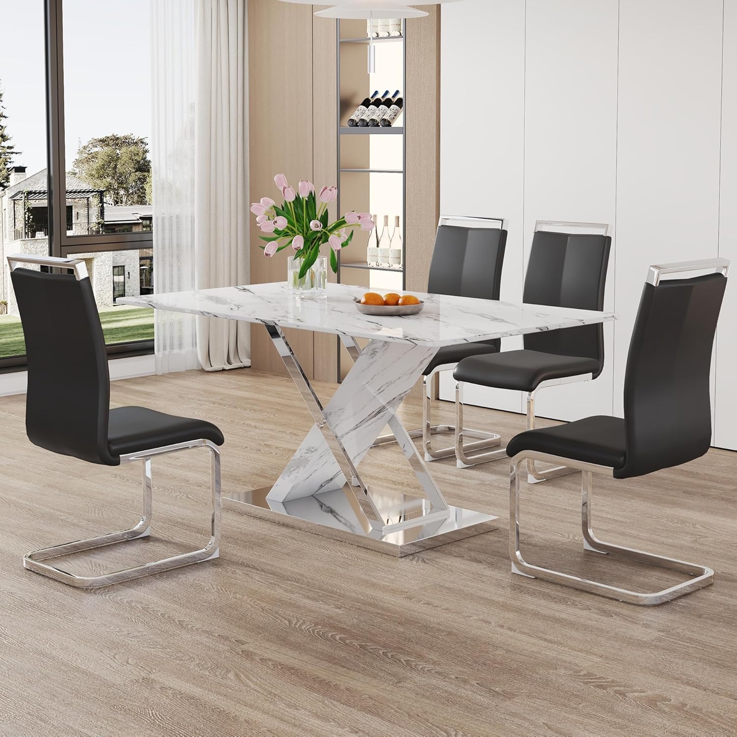 SSLine Modern 5-Piece Faux Marble Dining Table Set for 4, 63