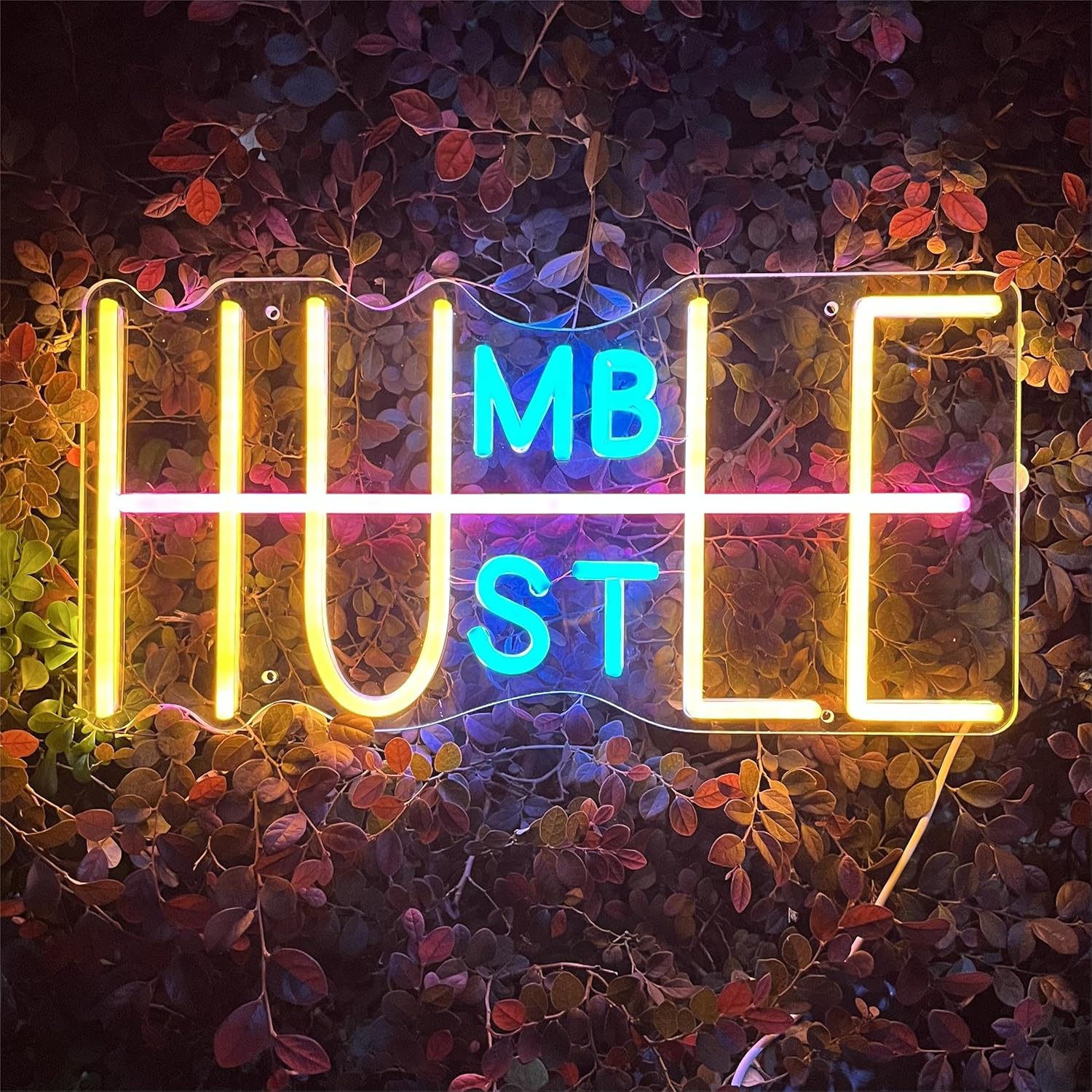 Hustle Neon Sign,LED Humble Neon Signs for Wall Decor,Light Up Signs for Office Room Bedroom Game Room Party Club Decor,Battery Box or USB Powered(Orange + Ice Blue)