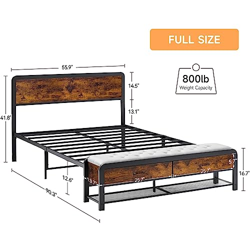 Full Size Platform Bed Frame with 2 Storage Drawers and Headboard, Bed Frame with Safe Rounded Corners & Strong Metal Slats Support, Mattress Foundation with Storage No Box Spring Needed