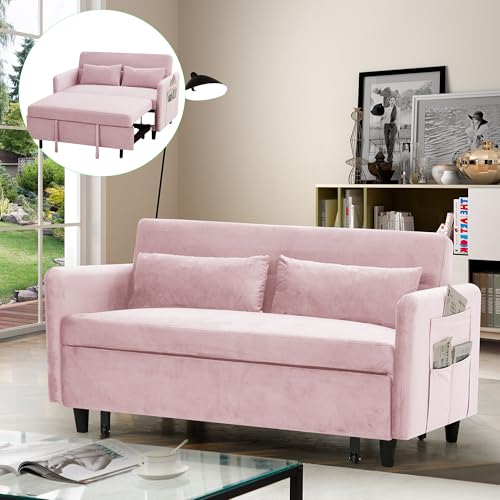 Sleeper Sofa Couch Bed 3-in-1 with Two Pillows-Soft Velvet Surface and Handy Pull-Out Bed Strap - Ideal for Guest Rooms, Pink
