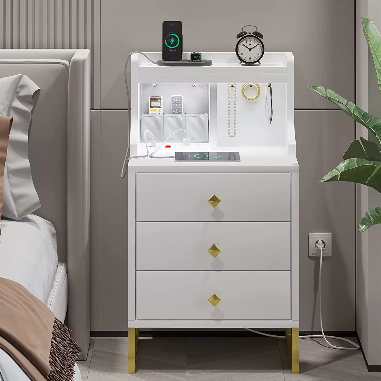 Tall Nightstand with Drawers,3 Drawers Night Stand with Charging Station,Modern Bedside Table with LED Sensor Light, USB Ports and Outlets, End Side Table with Shelf,White