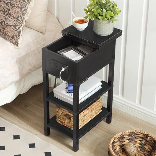 HOOBRO End Table with Charging Station, Flip Top Side Table with USB Ports, Narrow Nightstand Bedside Tables with Storage Shelves, for Small Space, Living Room,Greige and Black BG141UBZ01