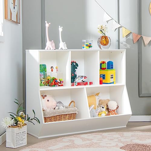 KOTEK 5-Cubby Toy Storage Organizer, Wooden Toy Storage Display Cabinet, Open Toy Shelf, Kids Bookshelf Bookcase for Playroom, Children's Room, Kindergarten, Nursery, Bedroom (White)