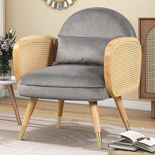 P PURLOVE Accent Chair for Living Room, Armchair with Rattan Armrest and Metal Legs, Mid Century Chairs with Backrest, Upholstered Modern Chairs for Bedroom or Reading Room, Grey