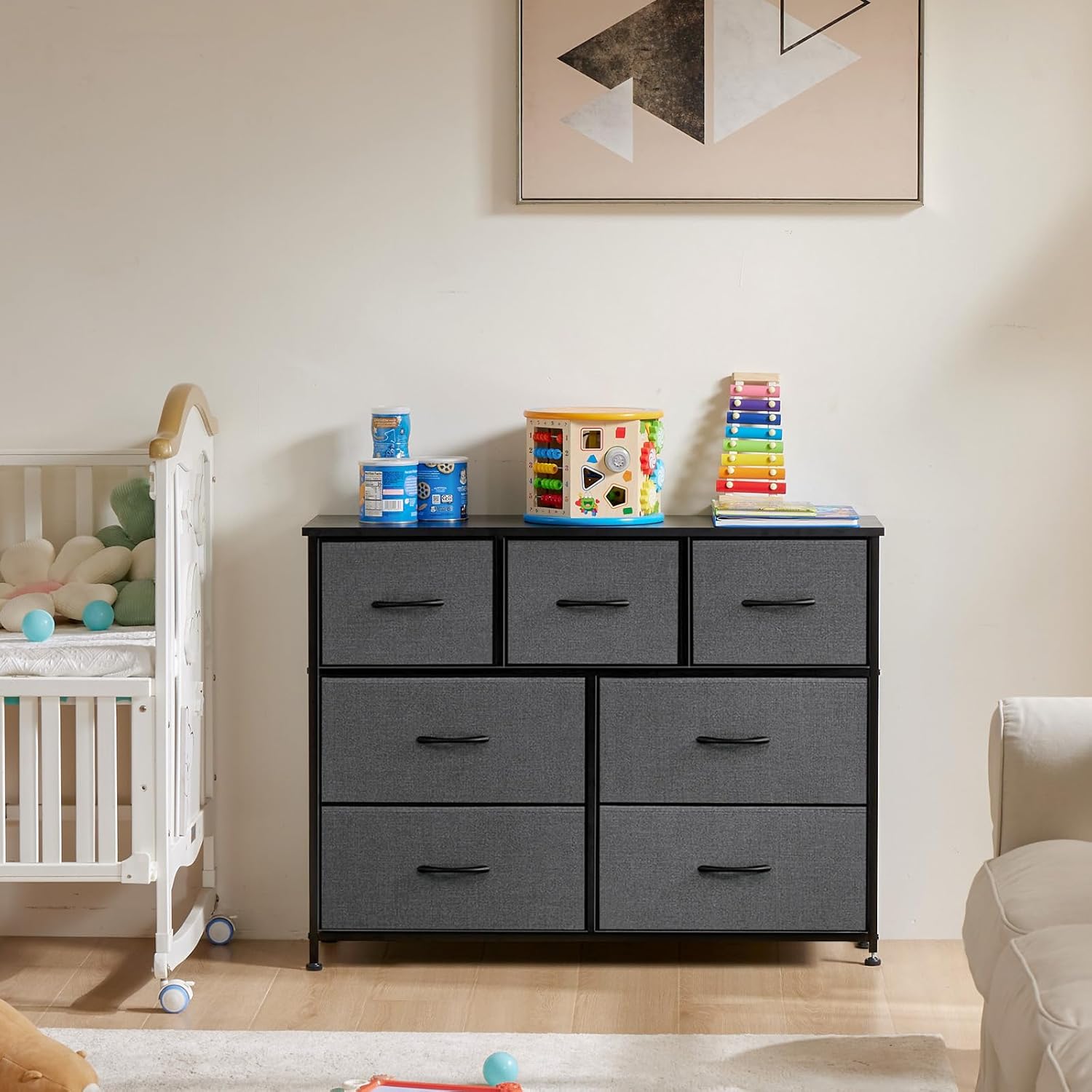 OLIXIS Desser for Bedroom with 7 Fabric Drawers Organizer Storage Closet Chest Clothes Cabinet, Kids Dresser, Grey