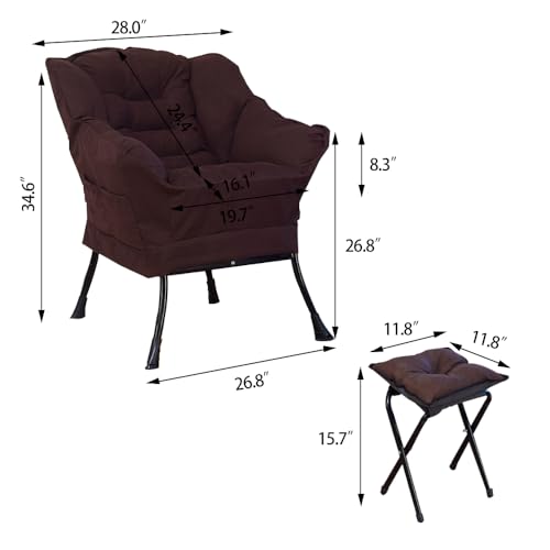 Modern Lazy Chair with Ottoman, Accent Contemporary Lounge Chair Single Steel Frame Leisure Sofa Chair with Armrests and Side Pocket, Reading Chair for Living Room & Bedroom, Grey (Red)