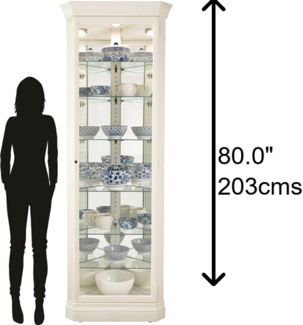 Howard Miller Delia II Curio Cabinet 680-642 – Aged Linen Finish, Vertical Home Decor, Six Glass Shelves, Seven Level Display Case, Locking Door, No Reach Light, X-Large, Gray