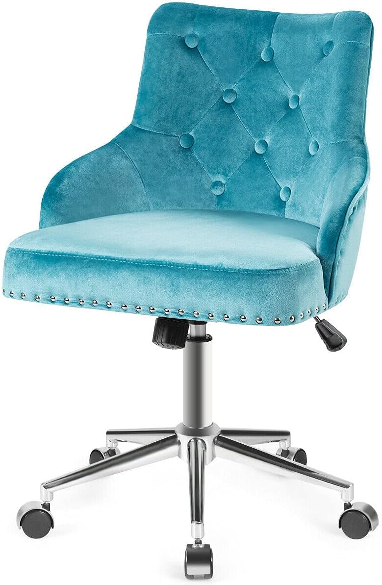 Turquoise Velvet Fabric Office Chair Computer Desk Chair Heavy-Duty Structure Ergonomic Backrest and Armrests Adjustable Seat Height 360 Degree Swivel Seat Perfect for Office Study Conference Room