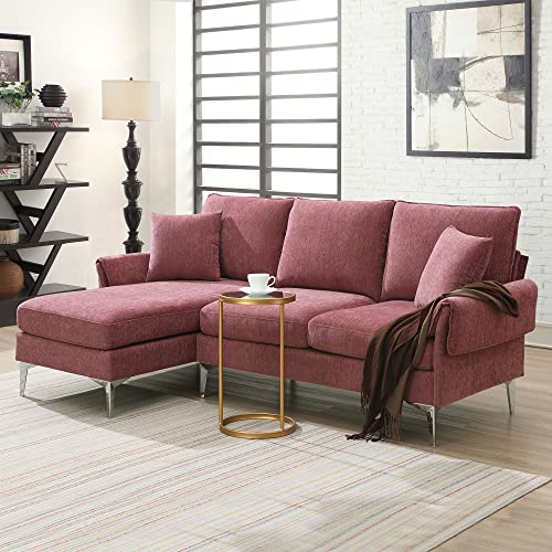 L-Shaped Sofa with Chaise Lounge, Reversible Sectional Sofa Couch with 2 Pillows, Upholstered Couch for Living Room, Bedroom, Small Space (Pink)