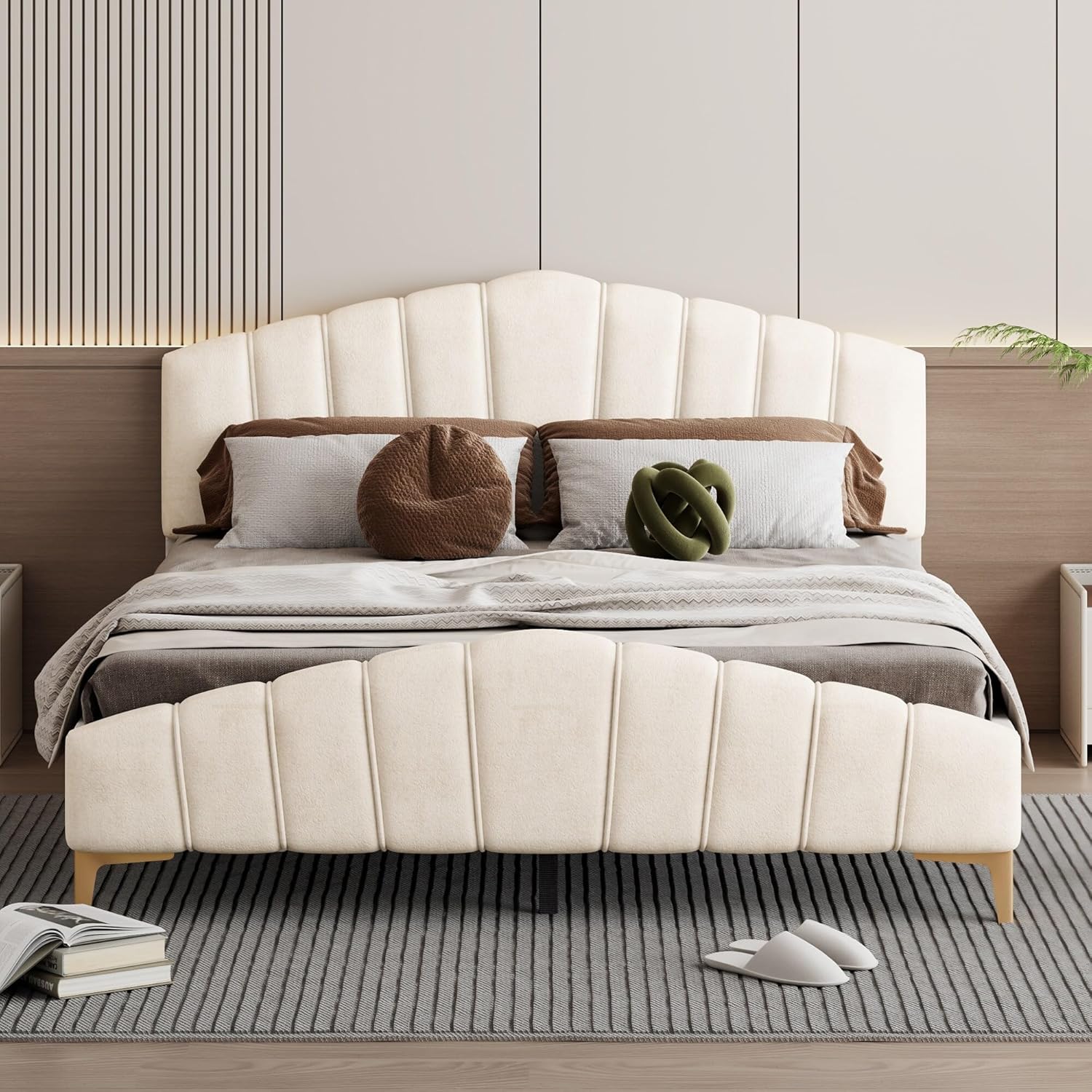 Modern Queen Size Bed Frame Velvet Upholstered Platform with Stripe Headboard Master Bedroom Double Beige Contemporary Includes Hardware