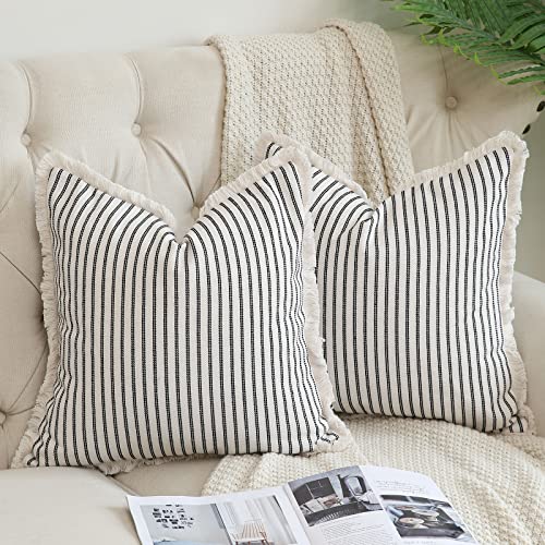 Hckot Throw Pillow Covers 20x20 Set of 2 Striped Pillow Covers with Fringe Chic Cotton Decorative Pillows Square Cushion Covers for Sofa Couch Bed Living Room Farmhouse Decor,Navy Blue
