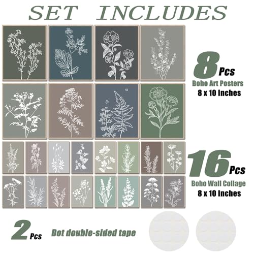 LIDECOR Vintage Botanical Boho Wall Decor Wall Art Prints Set of 24,Sage Green Plants Decor for Bedroom, Minimalist Leaves Watercolor Art Prints, 8