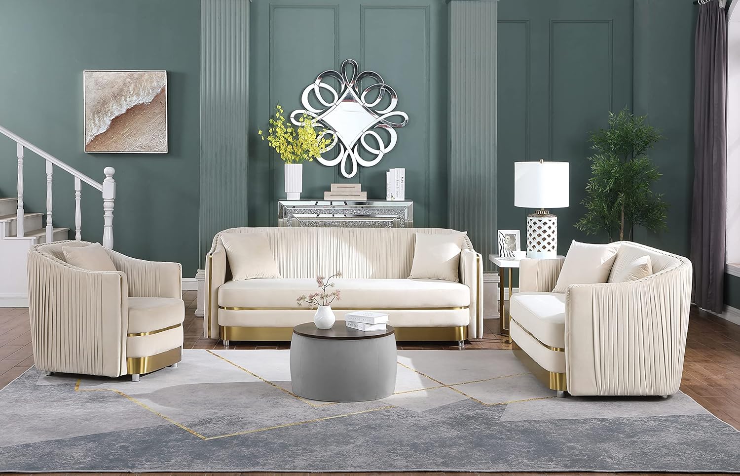 Round Ottoman Set with Storage, 2 in 1 combination, Round Coffee Table, Square Foot Rest Footstool for Living Room Bedroom Entryway Office (Gray)