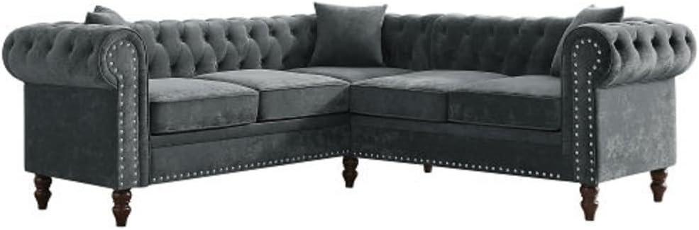 Mons Grey Classic Chesterfield L-Shaped Sofa Upholstered in Velvet Fabric