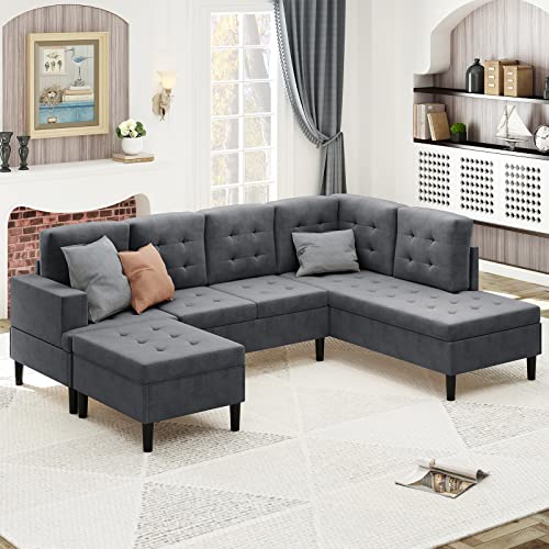 CECER Modern Upholstered Tufted L-Shape Sofa|Microsuede Fabric Reversible Sectional Sofa Set|Oversized Big Sleeper Sofa Couch with Movable Ottoman for Living Room/Loft/Apartment -Grey