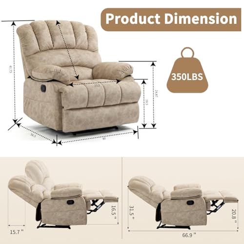 Extra Large Manual Recliner Chair King Size Recliner Chair for Plus-Size Individuals, 40 inch Wide Recliner with Overstuffed Arm and Backrest, Living Room Single Sofa Recliner (Beige)