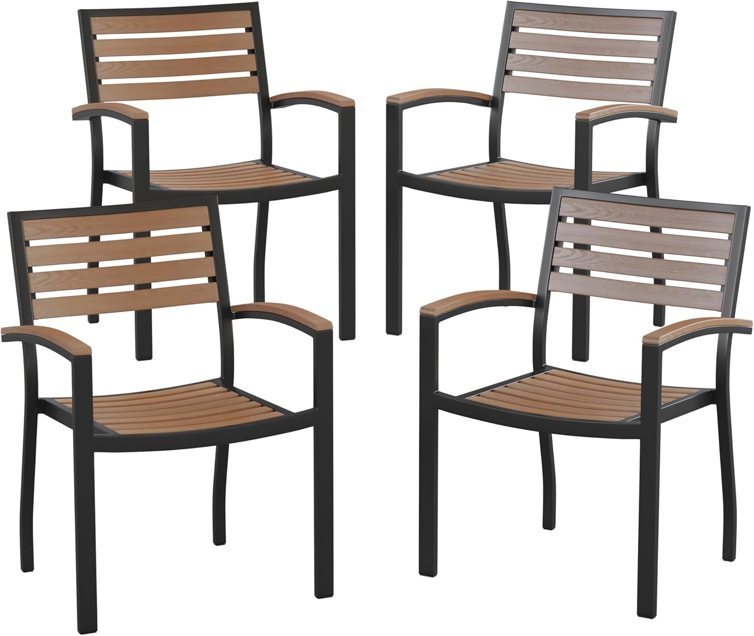 BizChair Stackable Aluminum Patio Chair - All-Weather Black Framed Side Chair with Faux Teak Slats - Commercial Grade - Set of 4