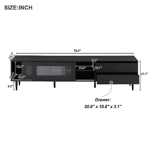 Modern TV Stand for 75 Inch TV, Low Profile Entertainment Center with Sliding Fluted Glass Doors and 2 Slanted Drawers, Contemporary TV Console for Living Room,bedroom, Black
