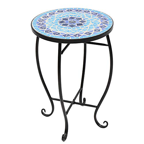14 Inch Patio Round Side Table, Mosaic Indoor and Outdoor Accent Table,Entryway Coffee Table for Home,Garden (Blue)