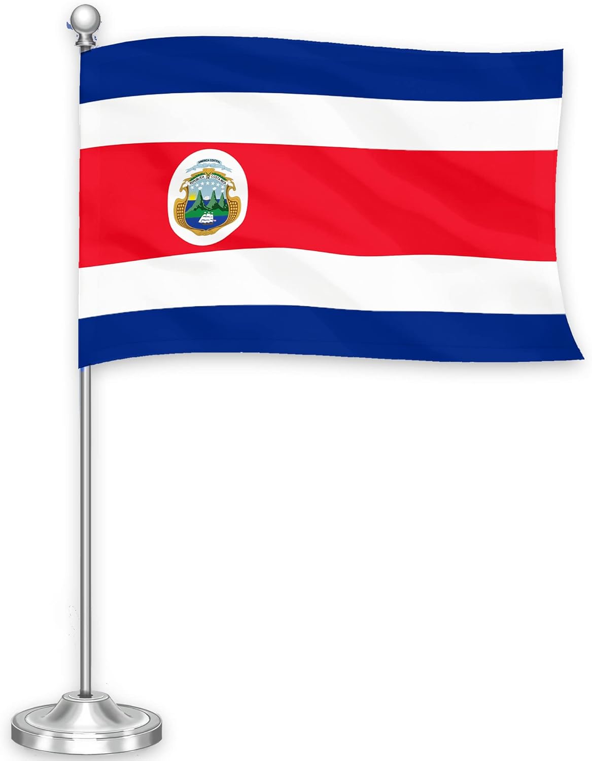 G128 Costa Rica Costa Rican Deluxe Desk Flag Set | 8.5x5.5 In | Printed 300D Polyester, with Silver Dome and Base, 15