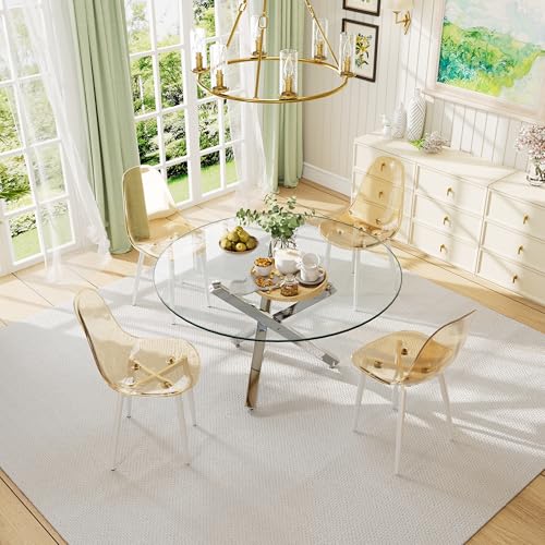 5-Piece Round Glass Dining Table Set for 4, 47 inch Circle Modern Dining Table Set, Glass Dining Room Table Set for 4, Tempered Glass Gray Top Table with Clear Acrylic Chairs, Gray